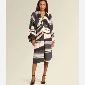 DONNA KARAN Printed Dress With Waist Tie 2 Terre Digital Stripe Kimono Midi Sz 2